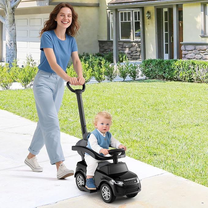 Licensed Push Car for Toddlers by INFANS, 3 in 1 Sliding Walking Car with Push Handle, Horn, Music, Underneath Storage, Foot-to-Floor Ride on Toys for Boys Girls (Black)