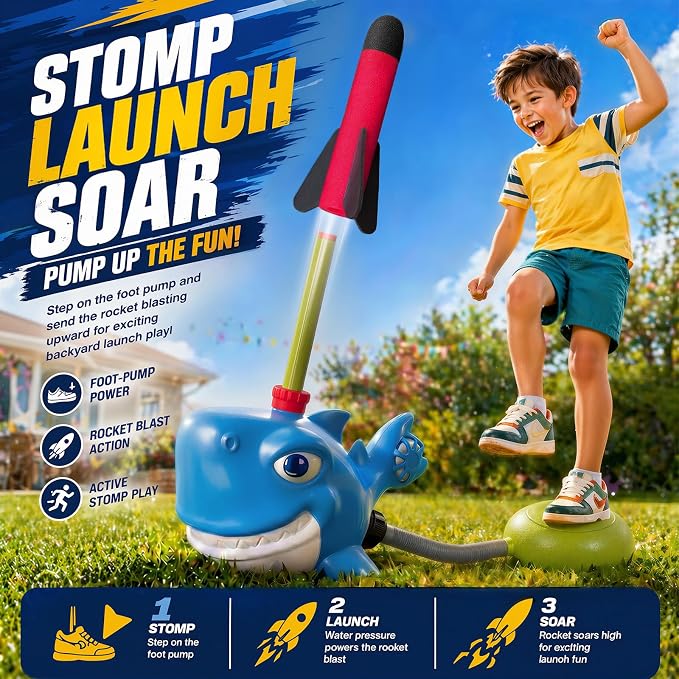 Shark Water Sprinkler Toy for Kids Ages 3-8, 4-in-1 Splash Baseball T Ball Set with Rocket Launcher, 360 Degree Sprinkler and Water Balls, Outdoor Backyard Summer Toy for Boys Girls