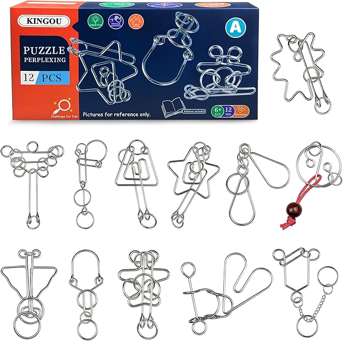 KINGOU Metal Wire Brain Teaser Puzzles, 12 Pcs Interlocking IQ Test Disentanglement Toys with 3mm Polished Nickel-Plated Coils, Logic Game Set for Kids Adults Party Favors and Travel - Model A