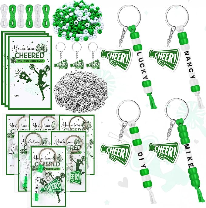 Suncalla 996 Pcs 24 Set Cheer Keychain Making Kit DIY Key Chain Crafts Cheerleader Gifts Cheerleading Bag Charms Adjustable Letter Beads Cards Strings Green Kit for Backpack Team Gift Sport Accessory