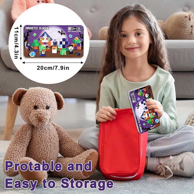 QOUBAI 45PCS Mini Magnetic Blocks Travel Toys, Magnet Building Cubes Tiles Set with Portable Iron Case, Learning Activities Gifts for Kids Toddlers Boys & Girls Ages 3-8 (Zombies)