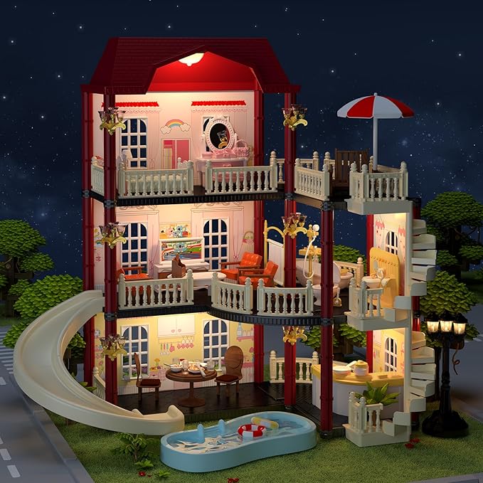 Dollhouse Kit Playset Little Critters Bunny Dolls for Girls with Swimming Pool and Slideside Family Toys for Toddler 5 Year+ Old Girl