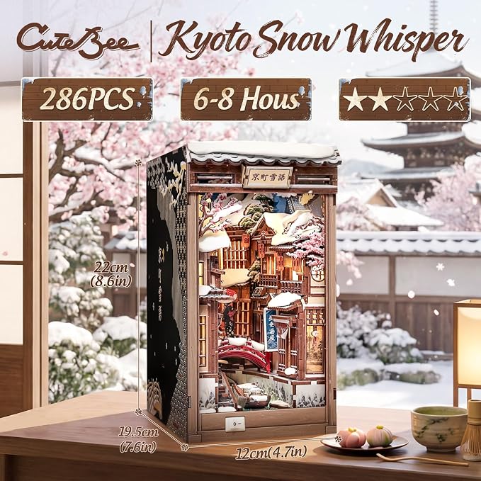 CUTEBEE Book Nook Kit - DIY Miniature House Dollhouse for Adults, Japanese Kyoto Winter Street Scene, Bookshelf Decor 3D Wooden Puzzle Model Kit, Diorama Bookish Gifts (Kyoto Snow Scene)