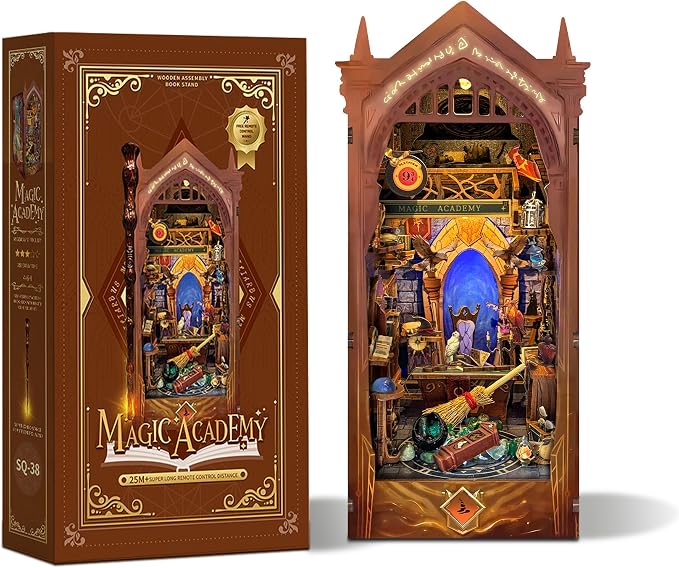 Book Nook Kit for Adults 3D Puzzle Miniature House Kit for Adults Craft Lovers Bookshelf Decor DIY Model Kit with LED Sensor Light-Magic Academy (SQ-38)