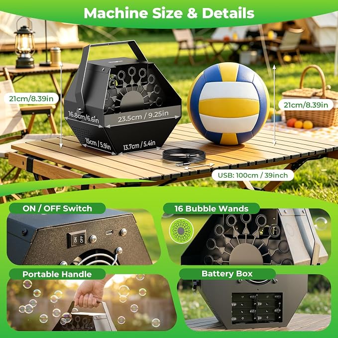 Theefun Bubble Machine, 750ml Stage Bubble Blower Metal, USB Plug in or 8 Battery Powered, Portable Party Bubble Maker for Stage BBQ Birthday Outdoor Indoor Use (Manual Control)