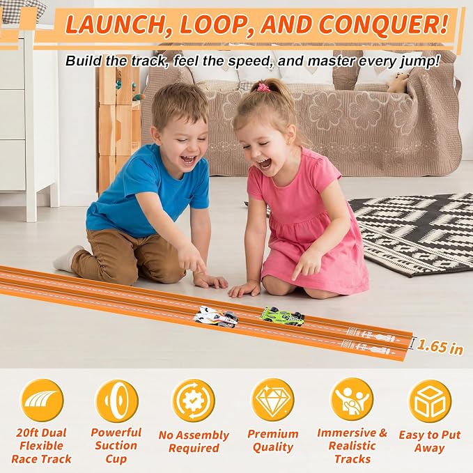20Ft Flexible Race Track, Slot Car Race Track Set for Kids Ages 3+,Dual Racing Game 2 High-Speed Cars 1/64 Scale, w/8 Suction Cups,4 Alloy Cars– Ideal Easter Birthday Gift for Boys & Girls (Orange)