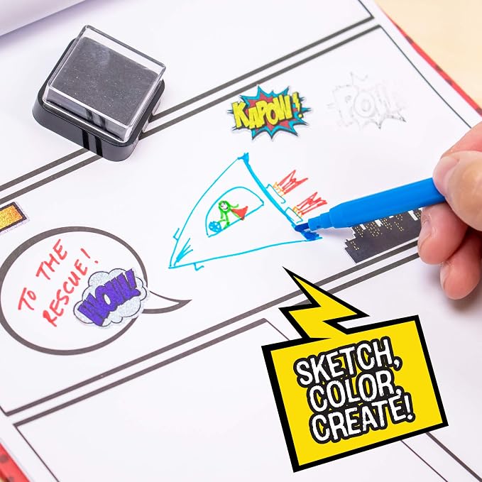 Made By Me Make Your Own Comic Book Storytelling Kit for Kids, 15-Page, Hardcover, How-to Draw Instructional Guide, Comic Inspired Stickers & Stamp, Holographic Stickers, 5 Vibrant Markers