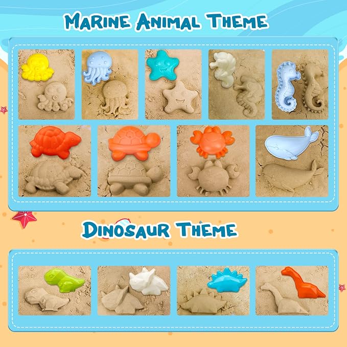 TOY Life 29 Pcs Dinosaur Beach Toys Sand Toys Toddlers with Castle Bucket Shovels & Sand Castle Building Kit Molds, Sandbox Toy Travel, Beach Party, Fishing, Summer Toy Activities
