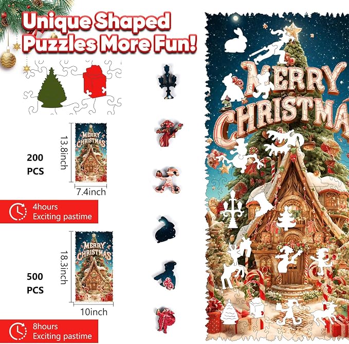 Leodozzio Christmas Tree Snowhouse Wooden Puzzles for Adults, 5MM Unique Shape Jigsaw Puzzle 200 Pieces, Warm Gifts for Friends Grandkids, Family Game,7.4x13.8 in