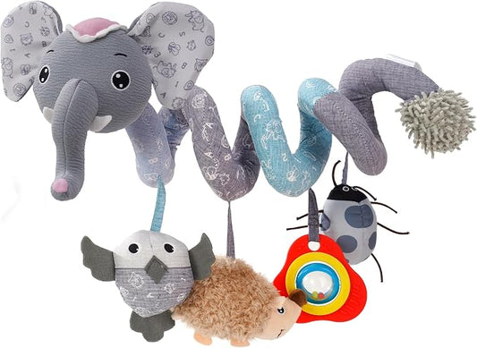 Jollybaby Crib Stroller Car Seat Toys for Baby 0-3-6-9-12 Months, Tummy Time Hanging Sensory Toys for Newborn with Music Box and Teether, Spiral Carseat Toy for Boys Girls Gifts (09-Sz Gray Elephant)