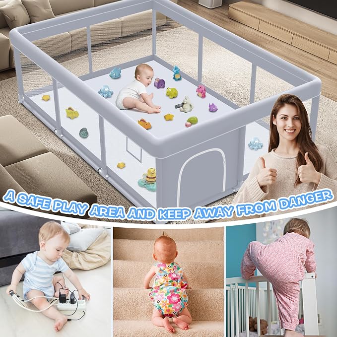XVISHX Baby Playpen 74 x 50 Inch Play Pen Playards, Playpen for Babies and Toddlers, Baby Playard for Indoor & Outdoor Active Center Game Fence, with Skin-Friendly Fabric and Soft Breathable Mesh Grey