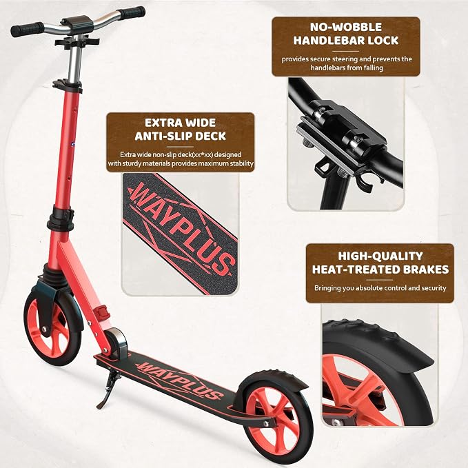 WAYPLUS KS1 Kick Scooter for Ages 6+,Kid, Teens & Adults. Max Load 240 LBS. Foldable, Lightweight, 8IN Big Wheels for Kids, Teen and Adults, 4 Adjustable Levels. Bearing ABEC9 FED Fitness