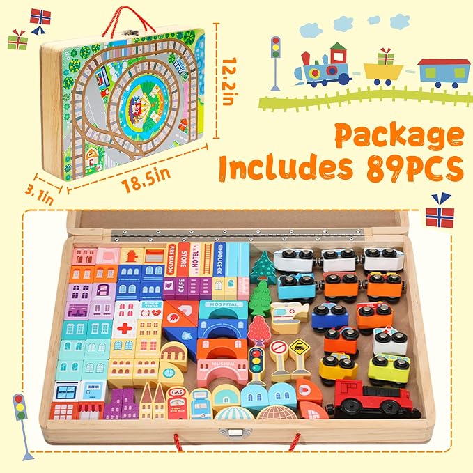 Adena Montessori Wooden Take-Along Tabletop for Toddlers,75 Blocks Set Track Train Set,Electric Train City Building Construction Stacking Blocks Preschool Learning Educational Toys(Large Size)