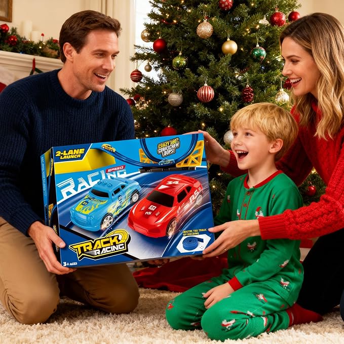 Flexible Race Track for Kids 3-5 Year Old, 15ft Flex Car Tracks for Toddlers with 2 Pull-Back Cars & 2 Alloy Cars, Portable Roll Up Racing Car Tracks, Birthday for Boys Girls