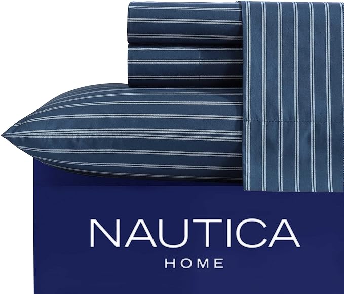 Nautica - Twin Sheets, Premium Cotton Percale Bedding Set, Striped Home Decor, Oeko-Tex Certified (Richmond Stripe Blue, Twin)