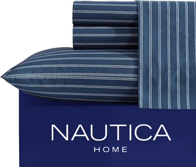 Nautica - King Sheets, Premium Cotton Percale Bedding Set, Striped Home Decor, Oeko-Tex Certified (Richmond Stripe Blue, King)