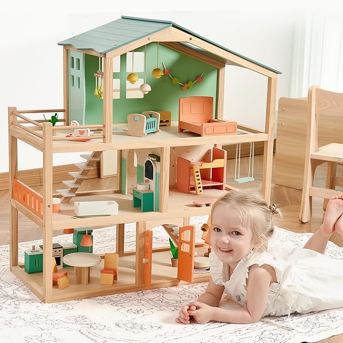Giant bean Large Wooden Dollhouse with 32 Pcs Furniture Accessories, 3-Story Doll House 5 Rooms Balcony Wooden Stairs, Ideal Dollhouse Toy for Kids Ages 3+, 30" H x 28" L x 13" W