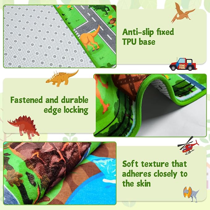 Kids Dinosaur Rug, 3'3" x 4'11" Kids Mat for Playroom– Extra Thick 0.4in Non-Slip Dino Safari Rug Road Play Mat for Classroom and Bedroom, Ideal for Educational Learning Play Areas(for Age 2+)