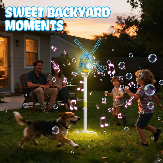Windmill Bubble Machine for Kids, 51" Adjustable Height Standing Bubble Maker with Lights & Music, 10-Hole Battery Operated Bubble Blower with 130ml Tank, Outdoor Backyard Party Toys for Toddlers