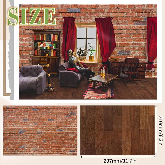 Flutesan 12 Pcs Miniature Dollhouse Wallpaper and Flooring Peel and Stick Mini DIY Self Adhesive Dollhouse Accessories 8.27 x 11.69 Inch (Elegant Style,Red Clinker)