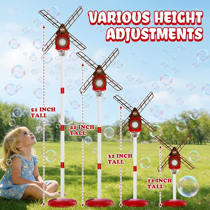Belemar Windmill Bubble Machine Toys for Kids, Bubble Blower with Lights & Music, Adjustable 51" Height, 130ml Large Tank, Bubble Solution Included, Bubble Show for Parties & Birthdays