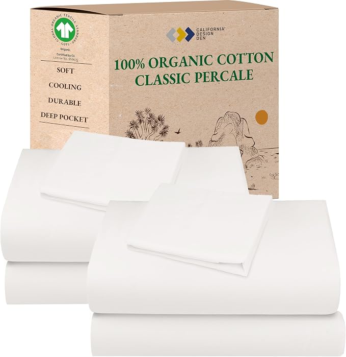 California Design Den Pack of 2 100% Organic Cotton Bed Sheets Twin Size Set - Crisp and Breathable Percale Sheets, Deep Pockets, Lightweight Bedding Set - True Ivory
