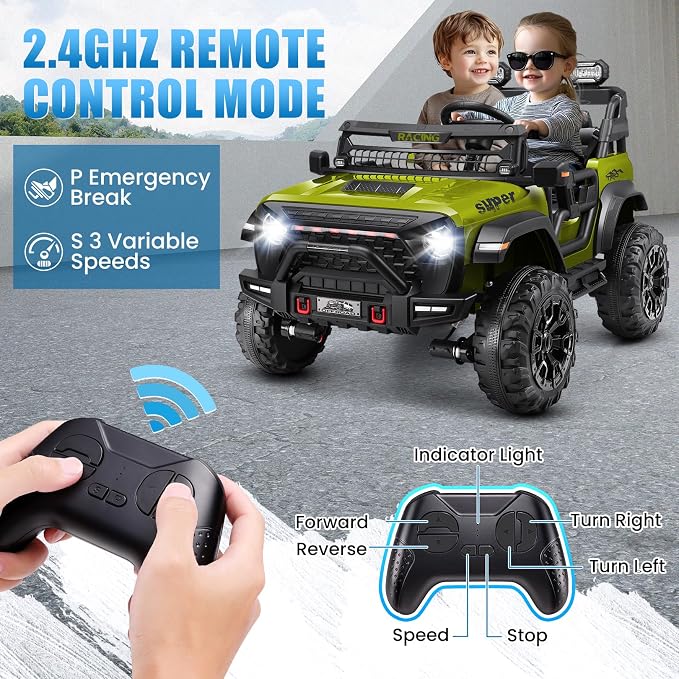 Hikole 24v Kids Ride on Car with 20" Width Seat, 2 Seater Battery Powered Electric Car, 4x100W Motor, Remote Control, 24 Volt Ride on Toy for Boys Girls, Green