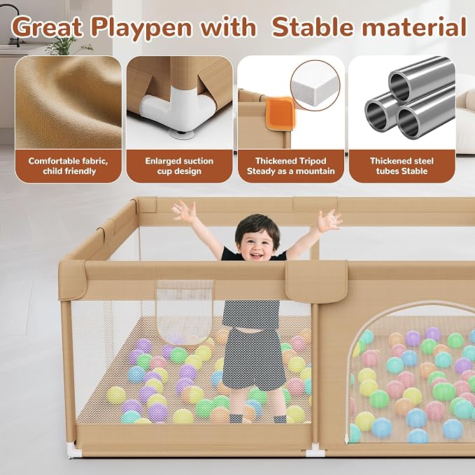 71x59 Playpen for Babies and Toddlers - Extra Large Baby Fence Play Area with Travel Bag Plus 50 Pit Balls & Pull Rings - Portable Infant Play Yard Indoor Outdoor Baby Gate Activity Center(Khaki)