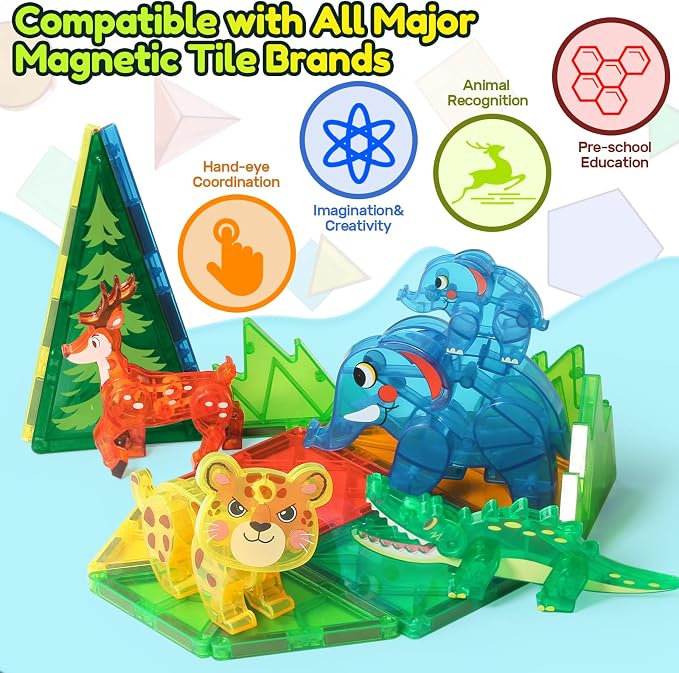 Oriate Jungle Animal Toys for Magnetic Tiles, 5pcs Movable Joints Forest Magnetic Animals for Magnet Building Tiles, Educational Zoo Animals Compatible with Kids Magnetic Blocks