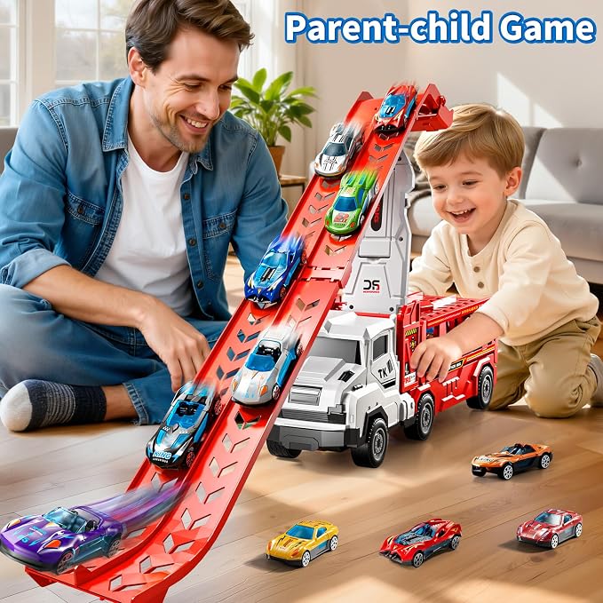 3-in-1 Kids Carrier Truck Toy Car Tracks for Toddlers 2-4 Years Old with 12 Racing Cars Toys, Foldable Chasing Race Track and Car Garage, Car Ramps Birthday Gift for Boys Girls 3-5 4-8(Red)