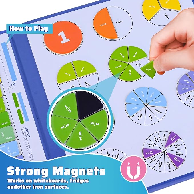 Magnetic Fraction Book 164 Pcs Tiles Circles Manipulatives Toy for Kids | Montessori Math Learning Toy Christmas Birthday Easter Gifts for Kids Grades K-3 with 3 Activity Sheets & Marker