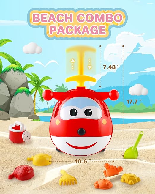 Super Wings Beach Toys Playset, Beach Toy for Kids Age 3+,Sandbox Toys 10 Pieces Including Shovel, Rake, Watering Can, Water Wheel and 6 Sand Molds - Travel Beach Toy