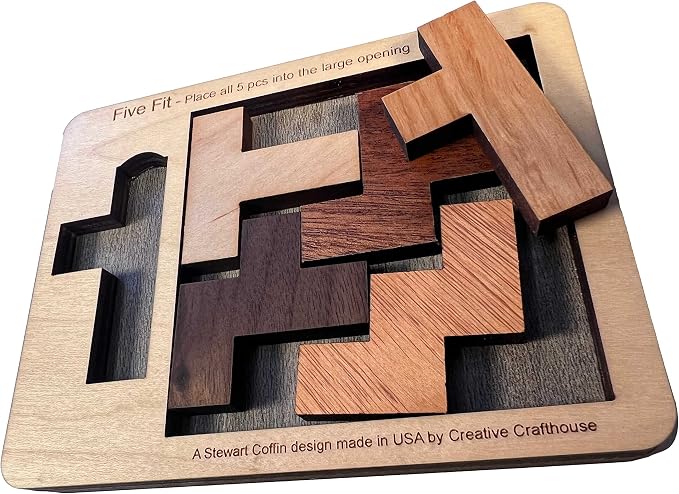 Creative Crafthouse Five Fit Small Stewart Coffin Wood Packing Puzzle, Hard | Slot every piece into one tray for a deceptively tough solve. A desk display and gift for serious solvers, made in USA