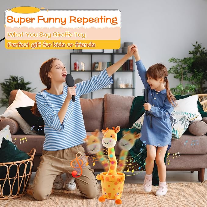 Dancing Talking Giraffe Toy, Stuffed Animal Baby Toy Repeating What You Say, Glowing Musical Giraffe Gifts for Toddlers 1-3 Years Old, for Kids (Smiling Giraffe)