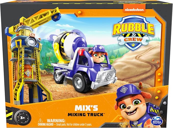 Rubble & Crew, Mix’s Cement Mixer Toy Truck with Action Figure and Movable Construction Toys, Kids Toys for Ages 3 and Up