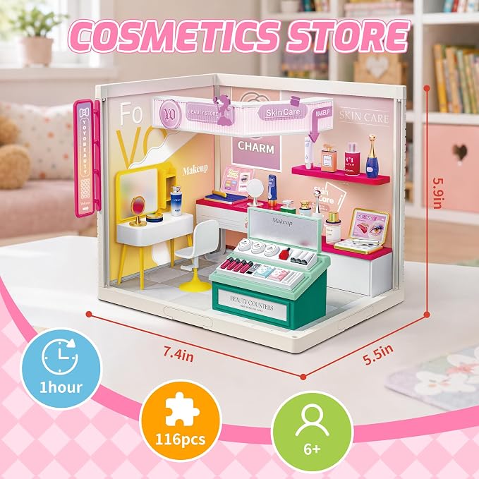 MINDNOOK DIY Miniature House Kit, LED Light-Up Dollhouse, Mini Dollhouse Building Set with Furniture, Craft Hobby Gift for Adults, Teens & Kids Ages 6+ (Cosmetics Store)