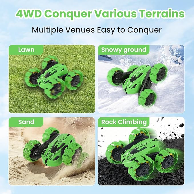 RC Stunt Car, 360° Flips & Double-Sided Remote Control Truck with LED Lights, 2.4GHz High Speed All Terrain Off-Road Toy Car, Gift for Boys Girls Kids Ages 6-12 (Green)