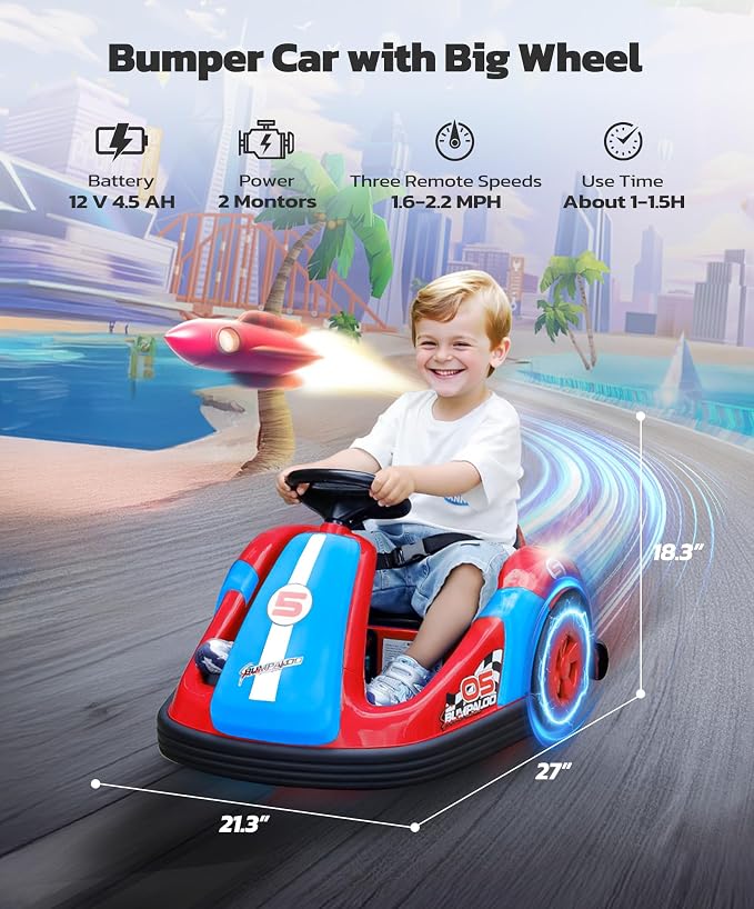 ELEMARA Kids Bumper Car with Big Wheel, 12V Toddler Bumper Cars with Remote, 2.2 Mph Max, Baby Bumping Toy Car with DIY Stickers,360 Degree-Spin, Bluetooth, Music,LED Lights, Deep Red