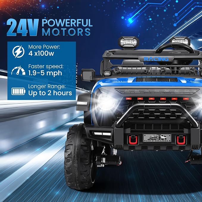 Hikole 24V 2 Seater Ride-on Car with Remote Control, Electric Car for Kids, 4x100W Motor, Spring Suspension, LED Headlights, Music, Power Wheel for Boys and Girls, Blue