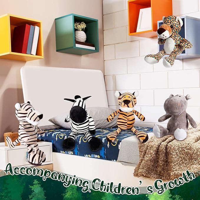 HyDren 10 Pieces 9 Inches Safari Stuffed Animals Set and Elephant Giraffe Lion Tiger Monkey Rhinoceros Zebra Leopard Hippo for Shower Jungle Animal(Classic)
