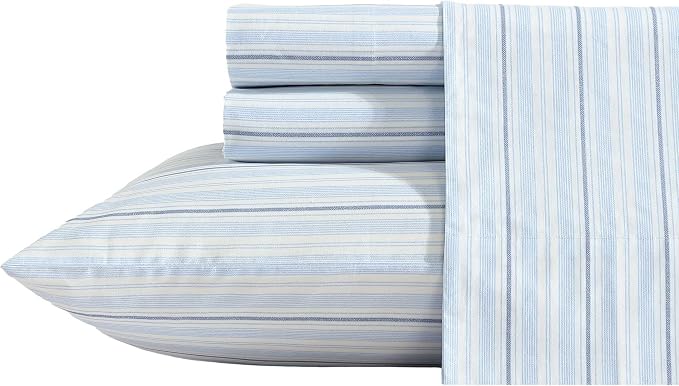 Nautica - Sheets, Cotton Percale Bedding Set with Matching Pillowcase, Crisp & Cool, Deep Pocket (Camp Stripe Blue, Twin XL)