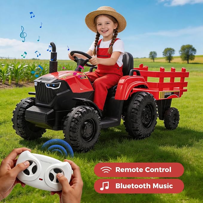 24V Kids Ride-On Tractor with Trailer, 400W Electric Farm Truck with Remote & Pedal Control, Headlights, USB MP3, Power Display, Adjustable Speeds, Safety Belt, Ride-On Toy Gift, Red