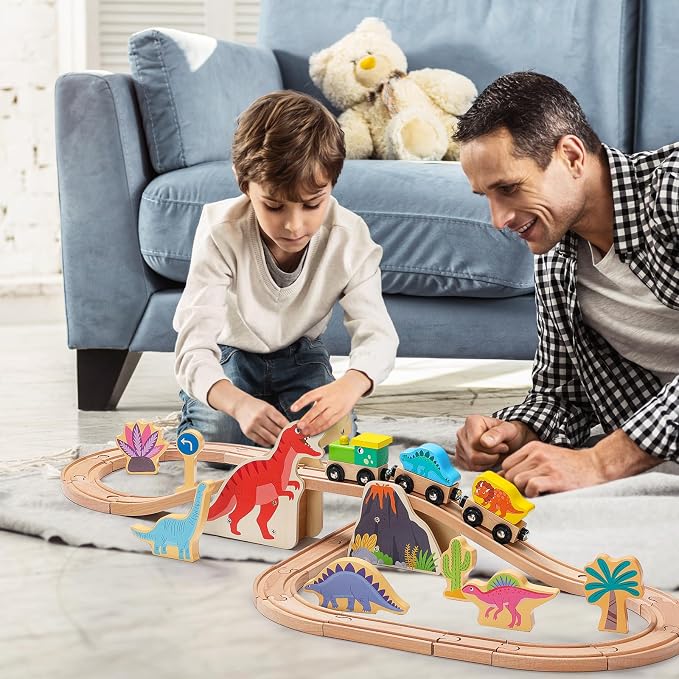 SainSmart Jr. Wooden Train Set Dinosaur Theme, Train Toys with 6 Kinds of Dinosaurs, Dinosaur Train Compatible with Brio, Thomas, Melissa & Doug – Perfect Wood Toy for Boys and Girls