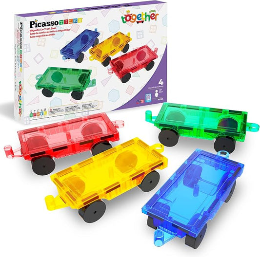 PicassoTiles 4PC Magnetic Tiles Car Truck Base Construction Building Accessory Toy Yellow, Red, Green & Blue Compatible with Magnet Tile Sets Educational STEM Learning Build Kits Boys & Girls PT201