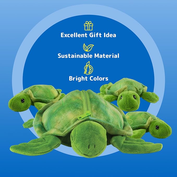 PREXTEX Plush Turtle Toy with 3 Baby Stuffed Turtles - Big Mom with Zipper Storage - Soft Reptile Toys for Kids Ages 3-5 - Cuddly Stuffed Set - Thoughtful Gift for Animal Lovers & Toddlers