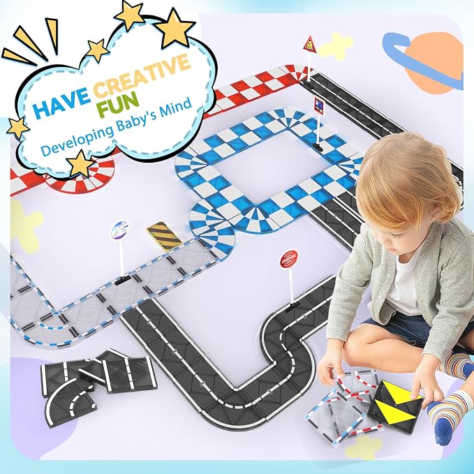 Magnetic Tiles Building Blocks for 3 4 5 6 7 8+ Years Old Boys Girls Colorful Magnet Stacking Toys Birthday Gift for Toddlers STEM Preschool Educational Construction Tiles Set (Multicolor Road)