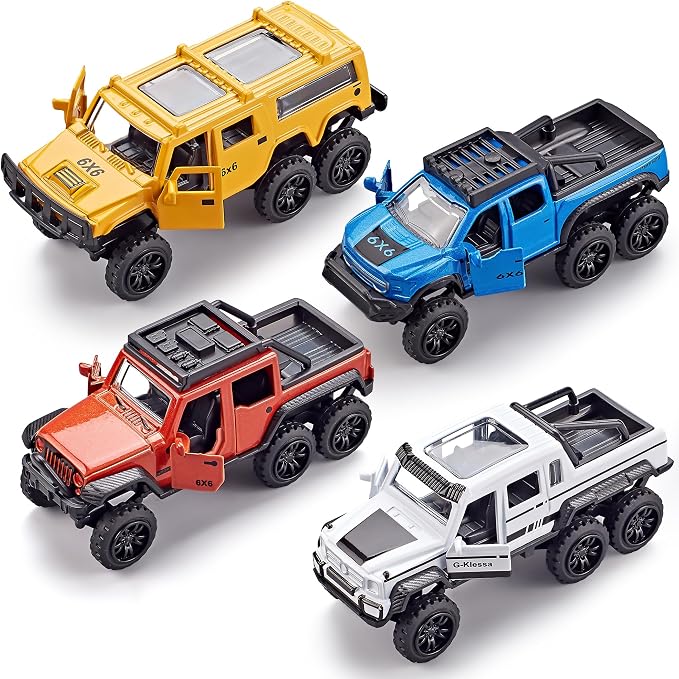 KIDAMI Diecast Toy Trucks 4 Pack Die Cast Metal Toy Cars Pull Back Cars Openable Doors Off-Road Vehicles Birthday Gift for Boys and Toddlers (Pickup Truck)