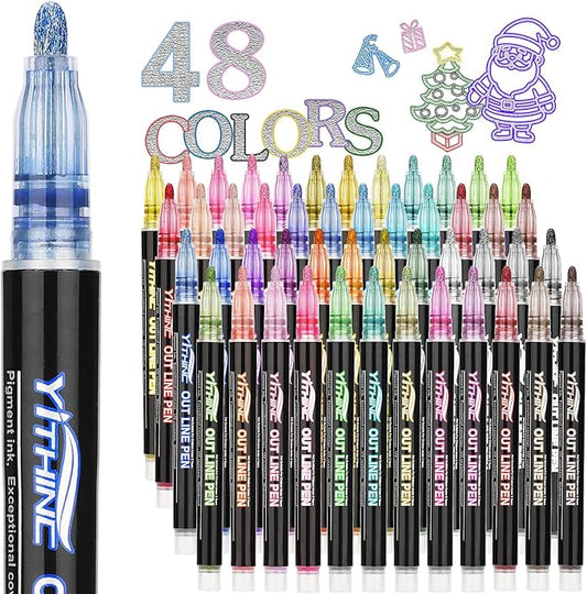 Outline Markers, 48 Metallic Shimmer Glitter Gel Pens, Tween Teen Girl Gifts Trendy Stuff, Cool Cute Art Craft School Drawing Supplies, Birthday Fun Kits for Kids Girls Ages 4 6 8 10 12 Year Old
