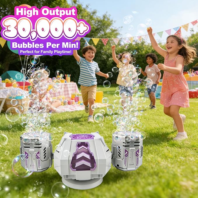 New RC Bubble Machine with RGB Lights, 360° Auto Rotation Bubbles Toy, Rechargeable Battery, Bubble Blower Maker for Kids, Parties, Birthday Gift, Weddings, Indoor Outdoor Activity, Silver-Purple