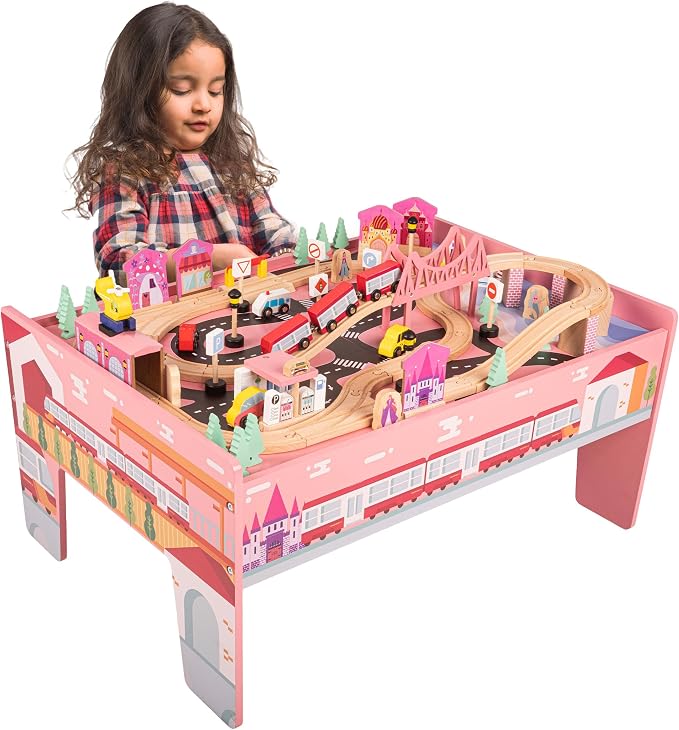 Wooden Train Set with Train Table - 75PC Play Set with Tracks, Vehicles, Buildings, Illustrated Play Surface, and Activity Table by Hey Play (Pink)